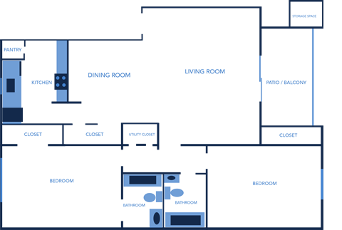 Floor plan for 2 beds, 2 baths, 1100 sqft